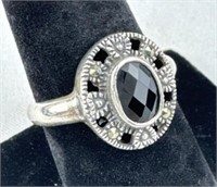 925 Silver Ornate Onyx & Marcasite Ring