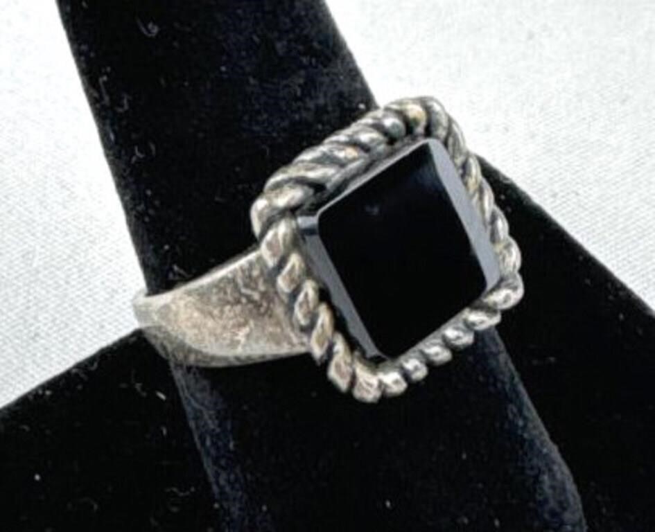 925 Silver Square Obsidian Rope Bezel Ring