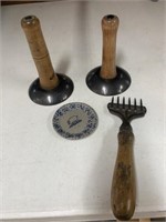 Vintage kitchen utensils and stoneware pig plate