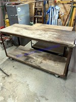 Steel and Wood Shop Table with wheels, 64" Long X