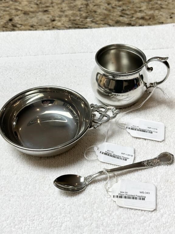 Baby items ? pewter baby cup, porridge, bowl, and