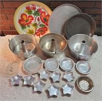 Platters, angel food cake pans, metal molds