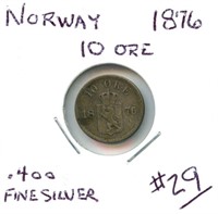 Norway 1876 10 Ore - .400 Fine Silver