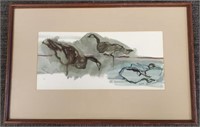 Edie Veudel signed watercolor - 21" x 14" O.D.