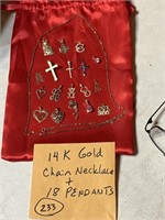 14k gold necklace & 18 pendants charms 15.6g