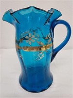 Blue victorian 1890s art glass pitcher 9.75" tall