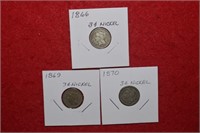 (3) Three Cent Nickels 1866, 1869 & 1870