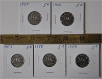 1955 thru 1959 Canada 5 cent coins
