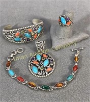Sterling w/ Coral & Turquoise 4 Piece Set