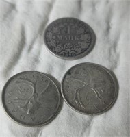 1876 German mark and 2 Canadian quarters