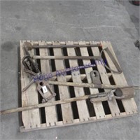 Pallet of hand tools: grub axe, Dillon fence
