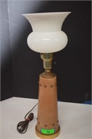 Vintage Leather Look Lamp w/White Glass Shade