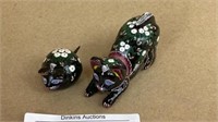 Hand painted black lacquer, wood cat and mouse