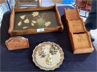 Wood serving tray, letter rack, & other items