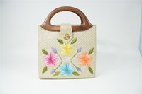 Mid Century Ladies Straw Raffia Floral Hand Bag