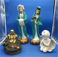 Buddha, Child Angel & Tall Ceramic Oriental Couple