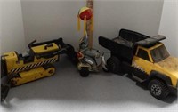 Tonka backhoe & truck, circus elephant tin toy