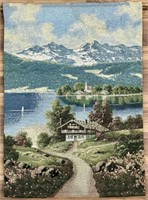 VINTAGE CHALET IN MOUNTAINS TAPESTRY