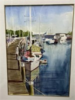 Watercolor Boats In Harbor Signed Picture