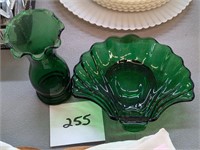 Green Glass Vase and Bowl