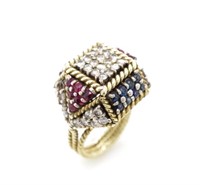 Ruby, sapphire and diamond set ring