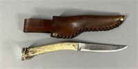 ANTIQUE ANTLER KNIFE WITH LEATHER SHEATH