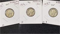1916, 1916-S, 1918-S Silver Mercury (3) Dimes
