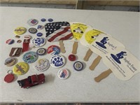 Vtg election pins, fans & metal truck