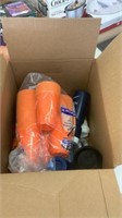 Box of plastic cups and water bottles