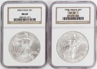 KEY DATE SILVER EAGLES 1996, 2005 NGC MS 69