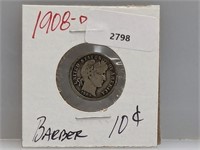 1908-D 90% Silv Barber Dime