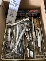 Box of flatware steakknives and more