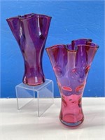 Pair Of Thumbprint Cranberry Glass Vases
