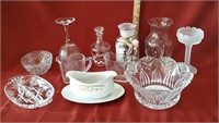 Pink glassware, clear glass vase, pickle dish,