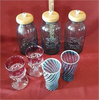 Ball canister (3), pink glass goblets, blue