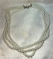 Vintage Triple Strand Faux Pearl Choker Necklace