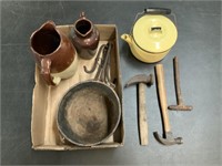 Antique Tools, Enamel ware and Glazed Pottery