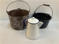 Enamel Ware speckled Buckets (2) and Kettle