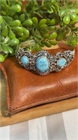 Beautiful Ornate Sterling Silver and Larimar Cuff