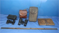 2 Pair Vintage Binoculars in Leather Case, Leather