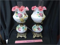 Pair of hand painted vintage hurricane lamps