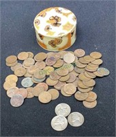 Coins - vintage paper mache trinket box filled