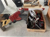 Miter box saw, paint sprayer, pipe wrenches, misc