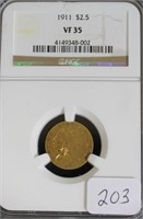 1911 GOLD $2 1/2 LIBERTY INDIAN HEAD NGC VF35