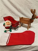 Wooden sleigh, wooden reindeer, vintage elf and
