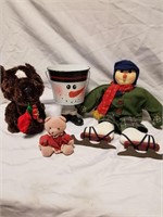 Skating snowman, teddy bear, bucket and singing