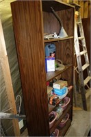 2 WOODEN SHELVES W/CONTENTS AND WOODEN LADDER