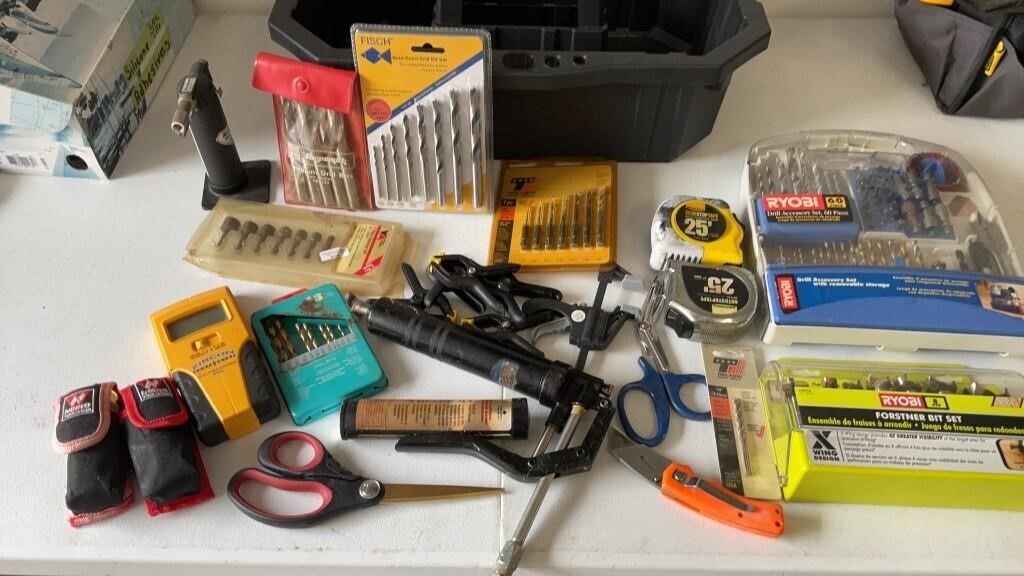 Tool box, drill bits, grease gun, & more