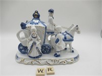 VINTAGE BLUE ON WHITE PORCELAIN HORSE AND CARRIAGE