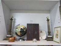 SHELF LOT ASSORTED LAMPS, PICTURES, GLOBE, ETC